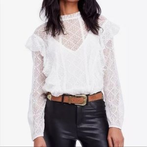 Free People Goldie Lace Long Sleeve Bodysuit High Neck Ruffles Victorian Style